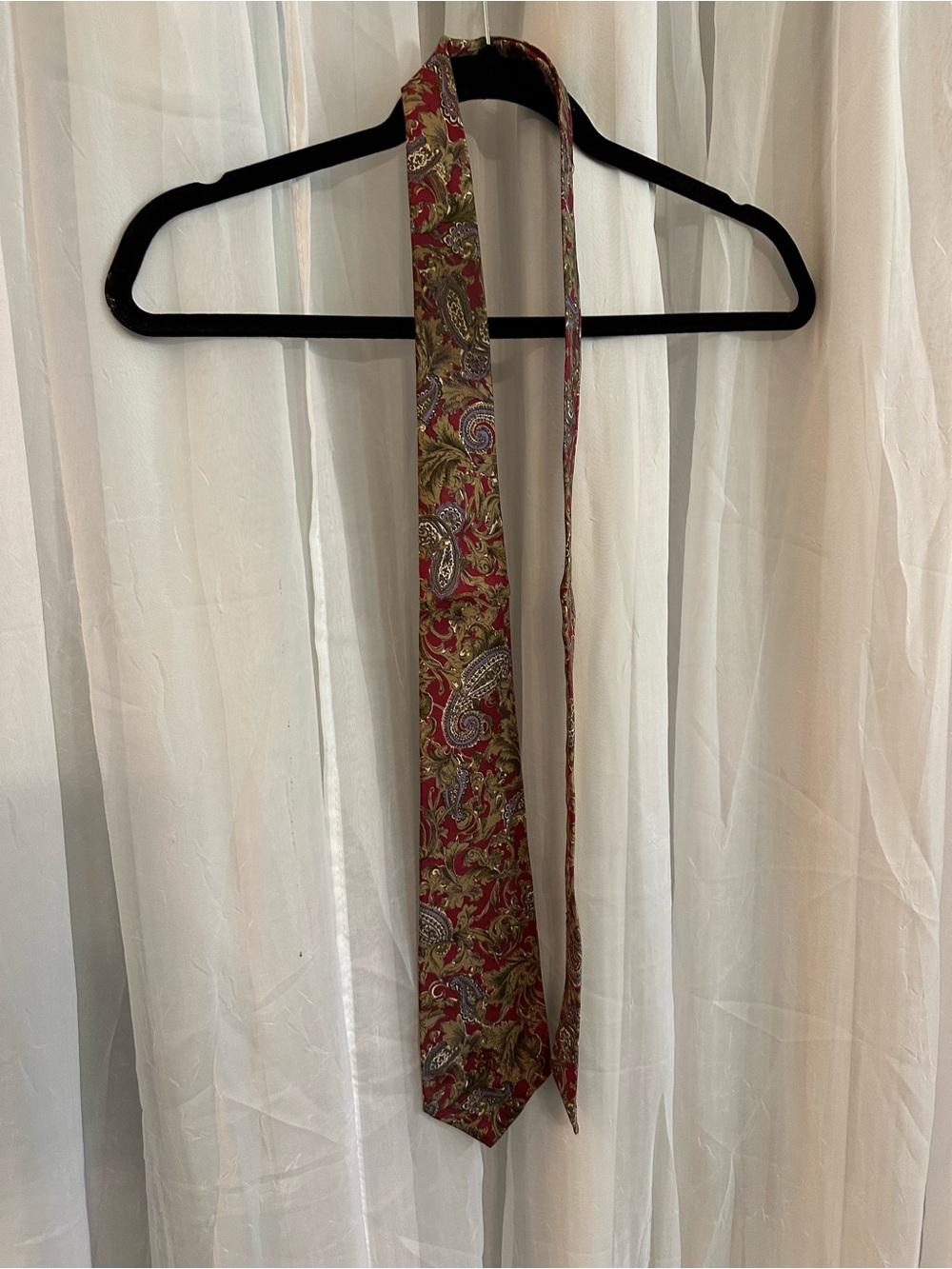 Vintage Countess Mars paisley tie with red, gold and lavender. 100% silk